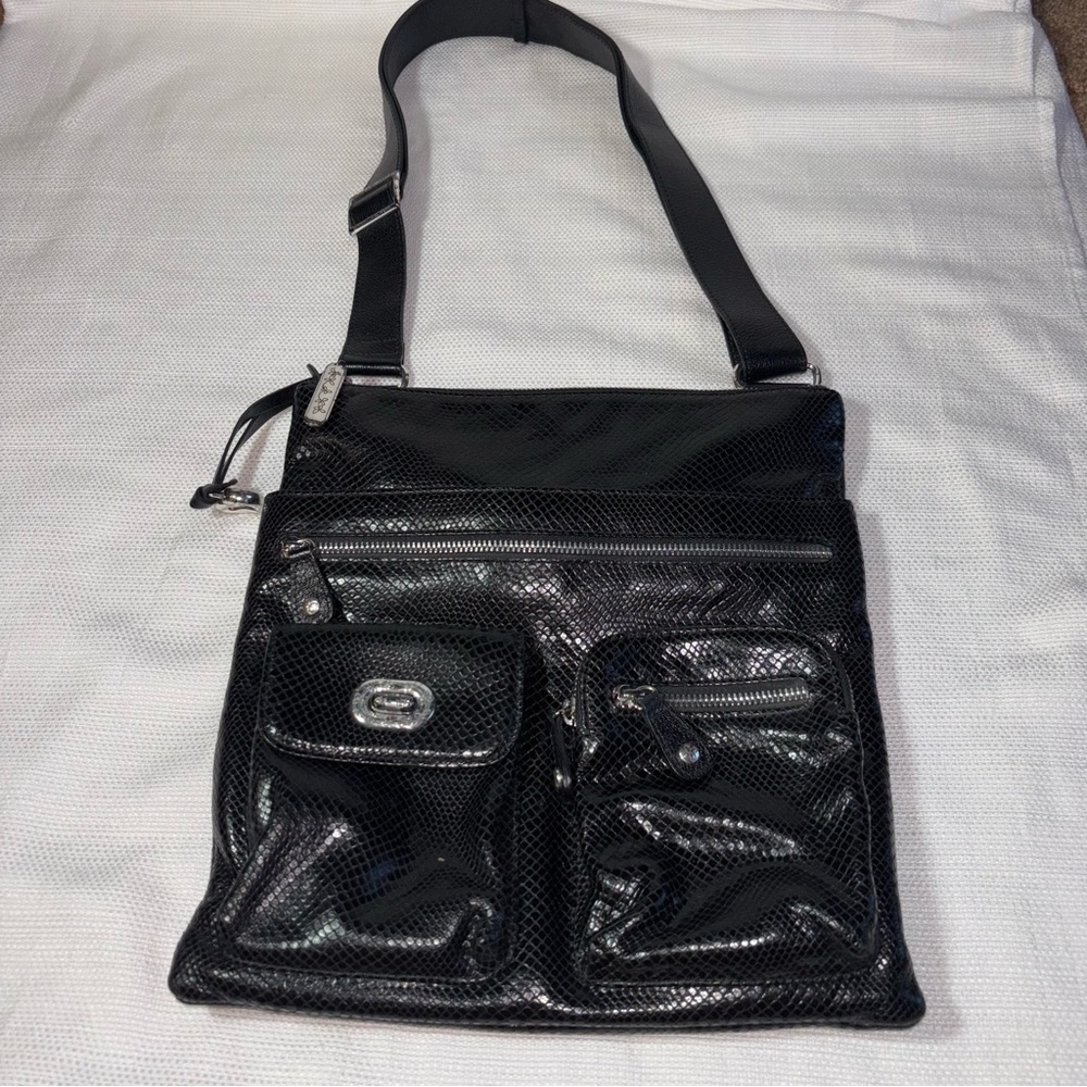 Brighton Black Leather Snakeskin Multi-Compartment Crossbody Bag